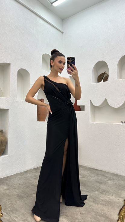 Nero Una spalla ricamato in vita motivo abito da sera