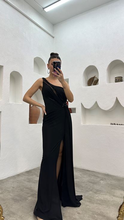 Nero Una spalla ricamato in vita motivo abito da sera