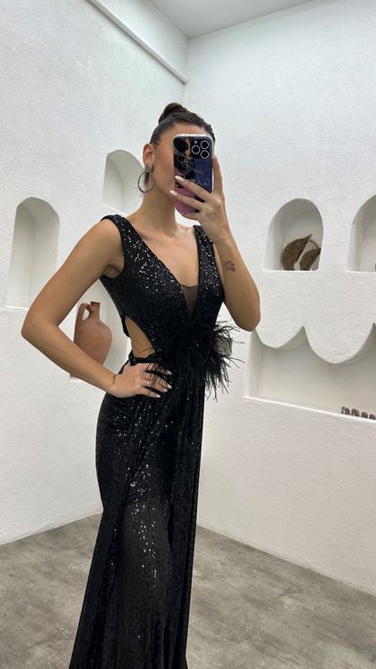 Siyah Beli Tüy Detay Pul Payet Abiye Elbise