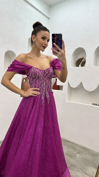 Pink Embroidered Detail Balloon Sleeve Tulle Evening Dress