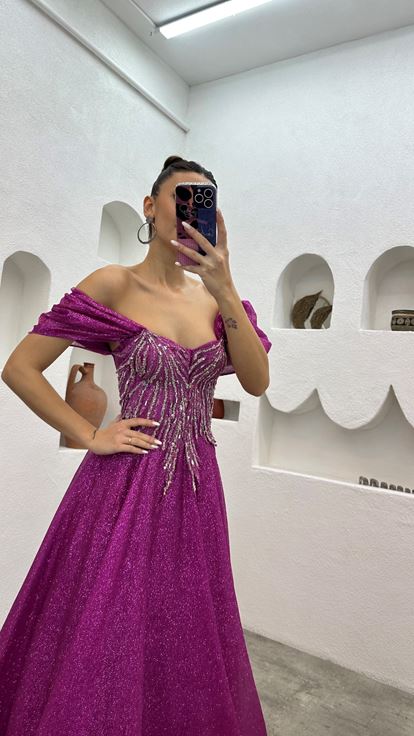 Pink Embroidered Detail Balloon Sleeve Tulle Evening Dress