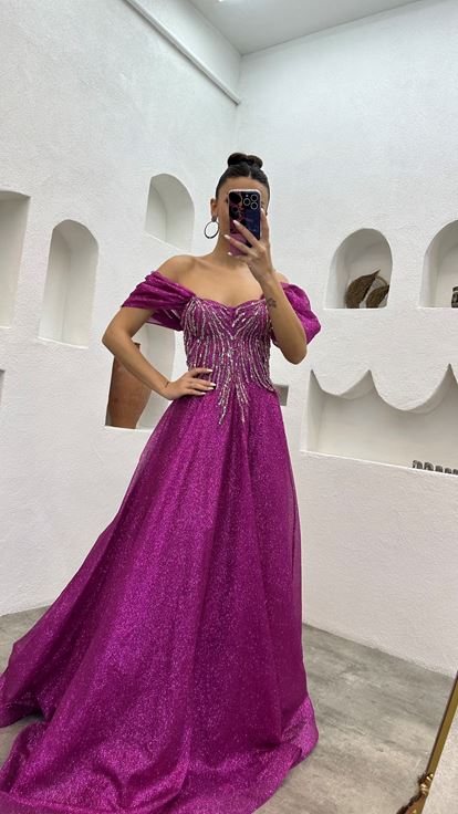Pink Embroidered Detail Balloon Sleeve Tulle Evening Dress