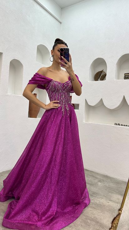 Pink Embroidered Detail Balloon Sleeve Tulle Evening Dress