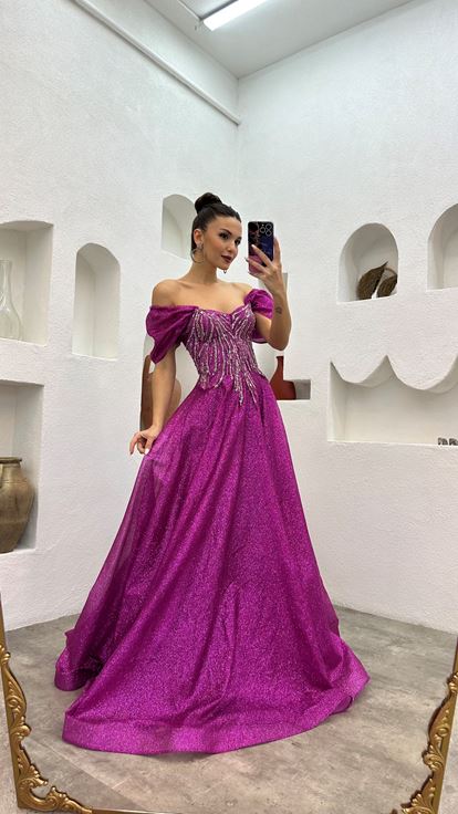 Pink Embroidered Detail Balloon Sleeve Tulle Evening Dress