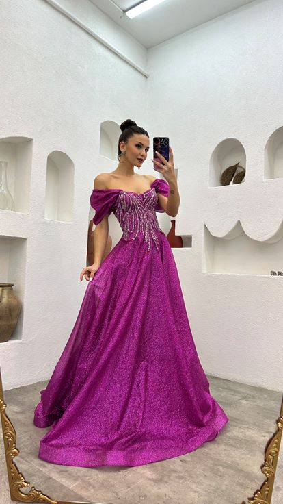 Pink Embroidered Detail Balloon Sleeve Tulle Evening Dress