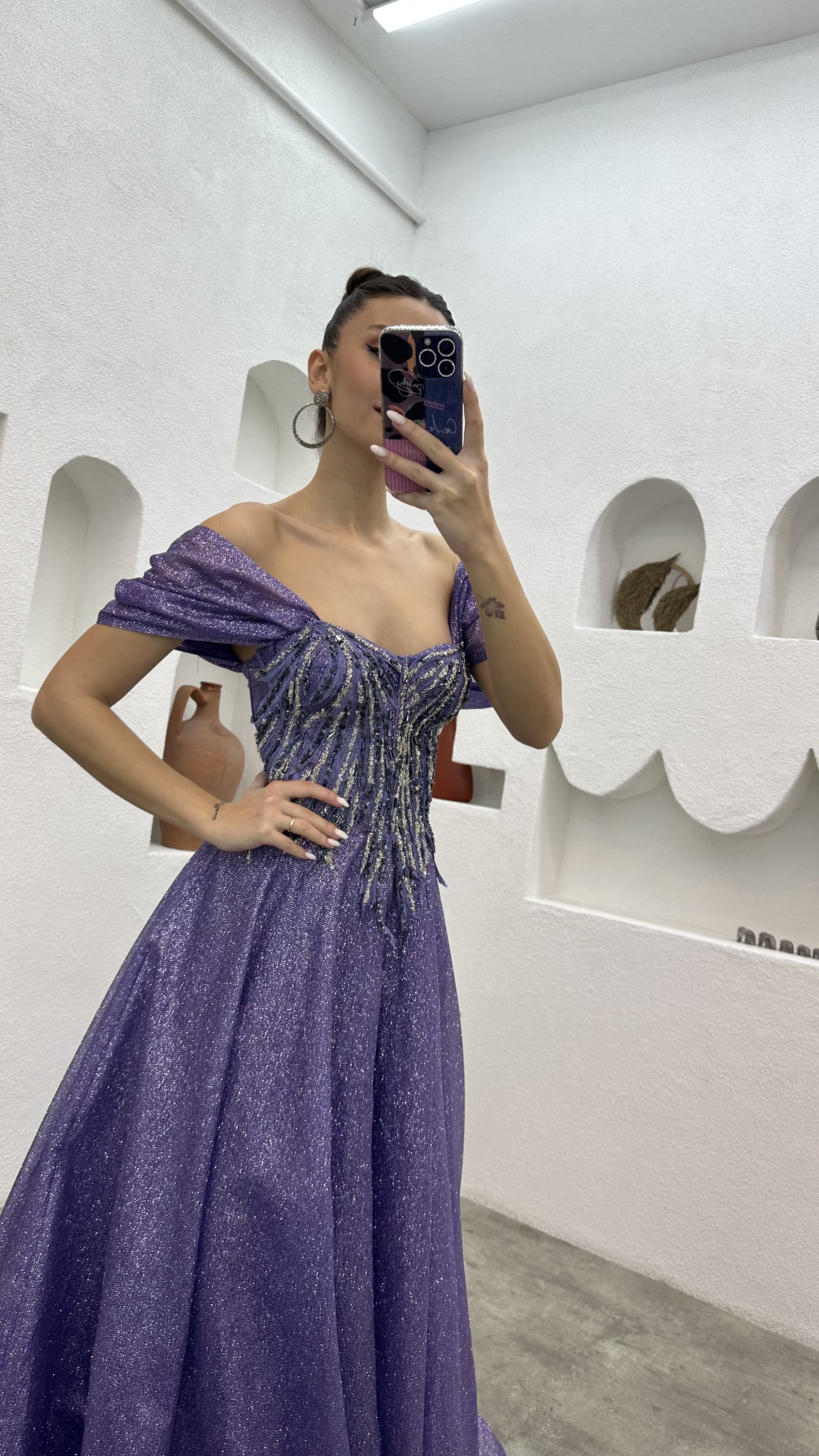 Lilac Embroidery Detail Balloon Sleeve Tulle Evening Dress
