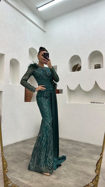 Emerald Drape Detail Feathered Embroidered Evening Dress