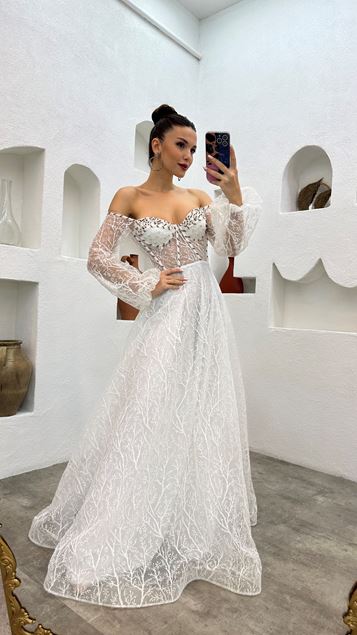 White Embroidered Detail Balloon Sleeve Glittery Tulle Evening Dress