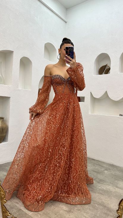 Tile Embroidery Detail Balloon Sleeve Glittery Tulle Evening Dress
