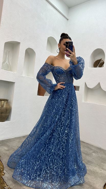 Indigo Embroidery Detail Balloon Sleeve Glittery Tulle Evening Dress