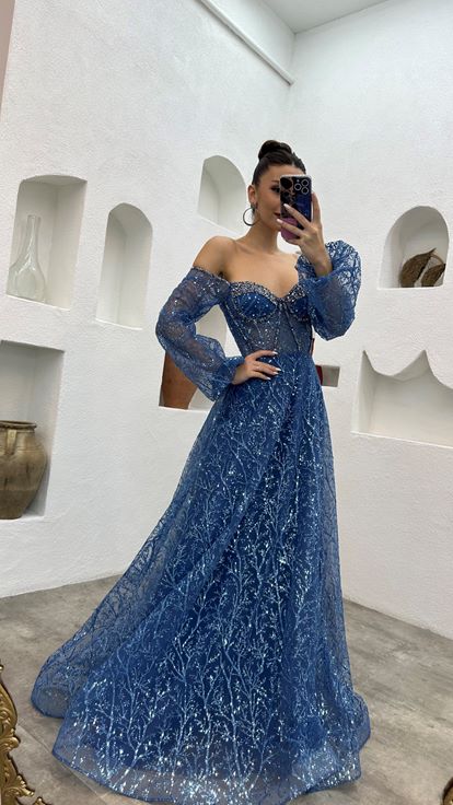 Indigo Embroidery Detail Balloon Sleeve Glittery Tulle Evening Dress