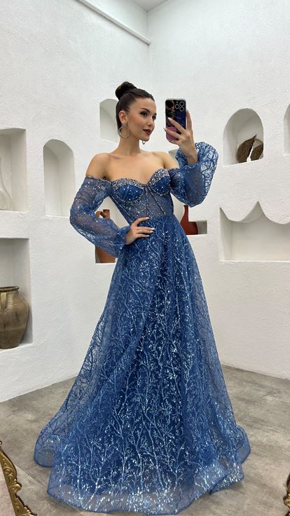 Indigo Embroidery Detail Balloon Sleeve Glittery Tulle Evening Dress