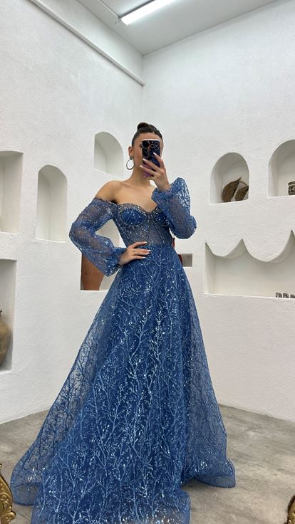 Indigo Embroidery Detail Balloon Sleeve Glittery Tulle Evening Dress