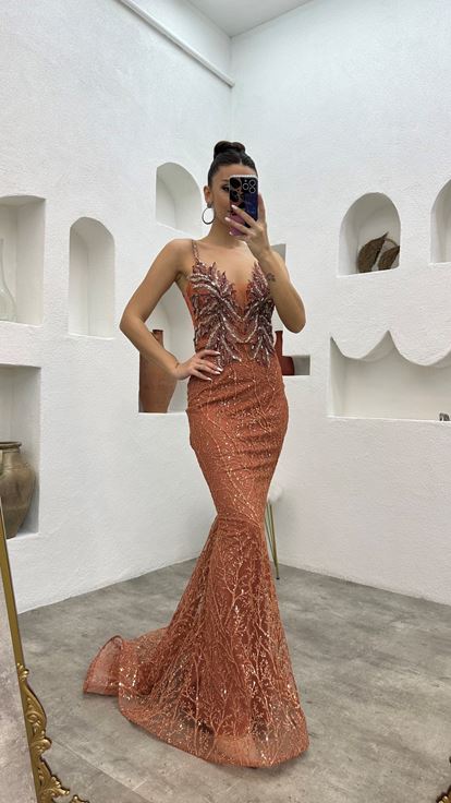 Kiremit İp Askılı İşlemeli Tül Abiye Elbise