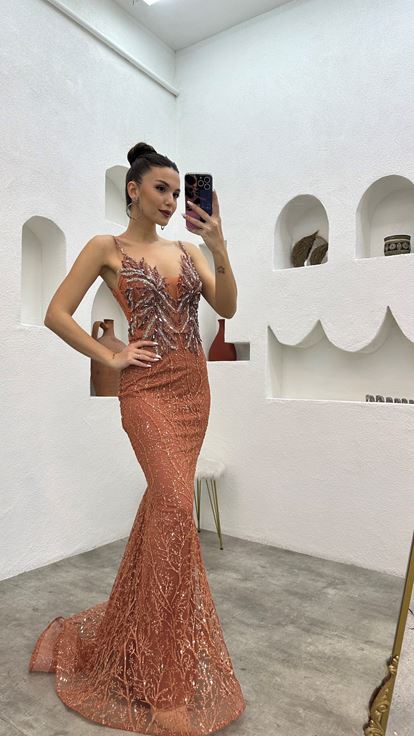 Kiremit İp Askılı İşlemeli Tül Abiye Elbise