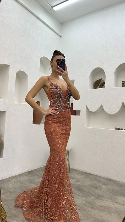 Kiremit İp Askılı İşlemeli Tül Abiye Elbise