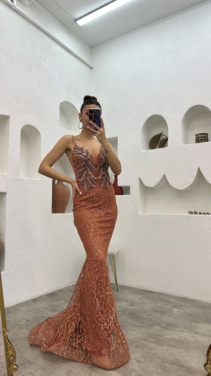 Kiremit İp Askılı İşlemeli Tül Abiye Elbise