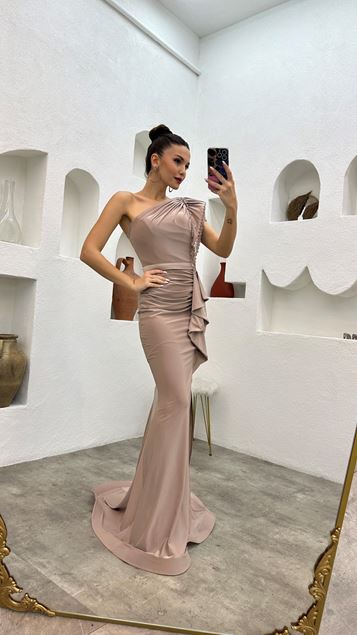 Beige One Shoulder Tassel Detail Pleated Evening Dress