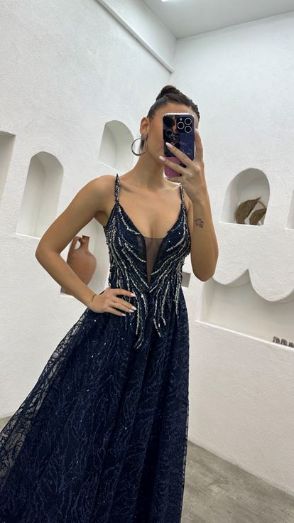 Navy Blue Rope Strap Embroidered Tulle Evening Dress