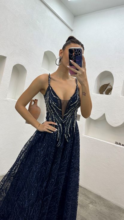 Navy Blue Rope Strap Embroidered Tulle Evening Dress
