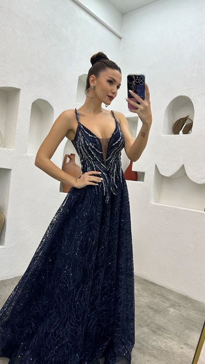 Navy Blue Rope Strap Embroidered Tulle Evening Dress