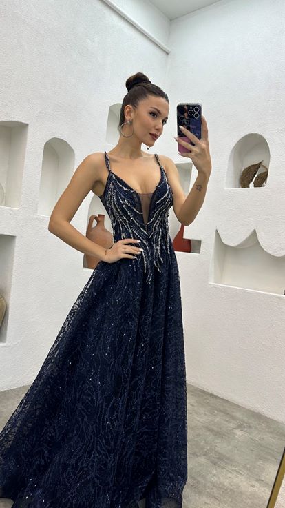 Navy Blue Rope Strap Embroidered Tulle Evening Dress