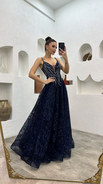 Navy Blue Rope Strap Embroidered Tulle Evening Dress