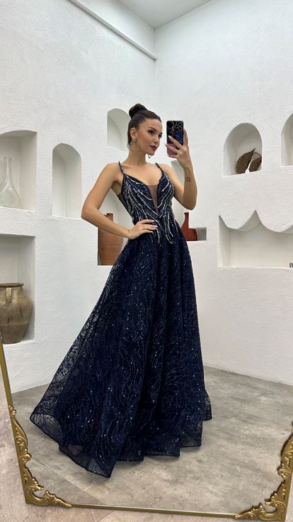 Navy Blue Rope Strap Embroidered Tulle Evening Dress