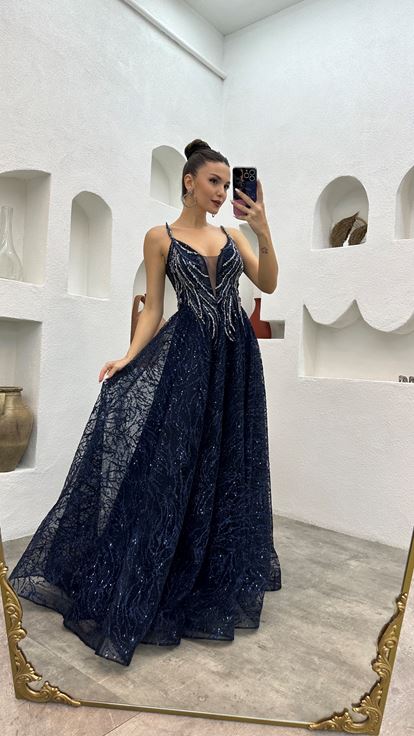 Navy Blue Rope Strap Embroidered Tulle Evening Dress