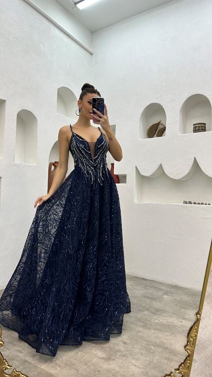 Navy Blue Rope Strap Embroidered Tulle Evening Dress