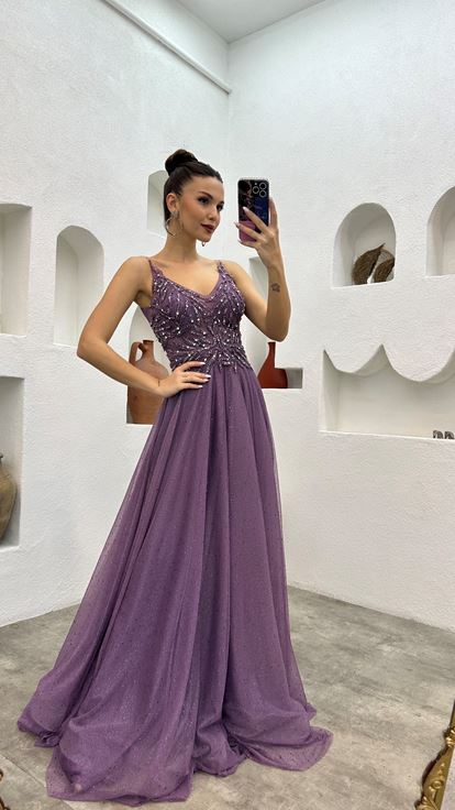 Lilac Strappy Embroidered Glitter Tulle Evening Dress