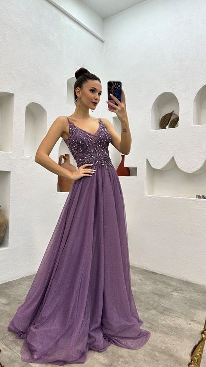 Lilac Strappy Embroidered Glitter Tulle Evening Dress