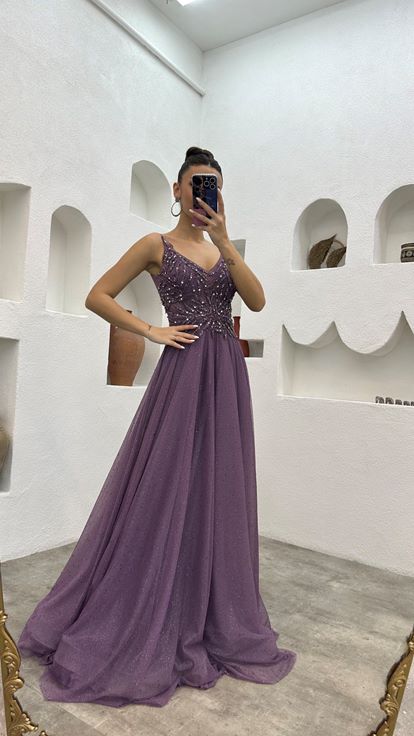 Lilac Strappy Embroidered Glitter Tulle Evening Dress