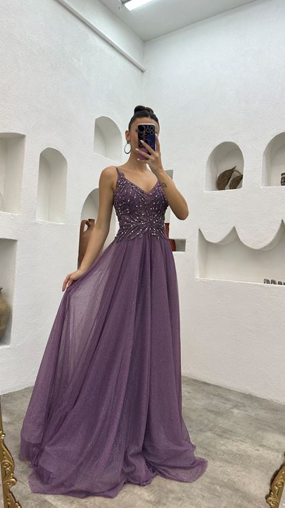 Lilac Strappy Embroidered Glitter Tulle Evening Dress
