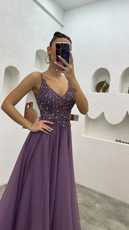 Lilac Strappy Embroidered Glitter Tulle Evening Dress