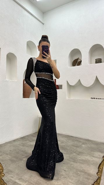Siyah İşlemeli Transparan Detay Pul Payet Abiye Elbise