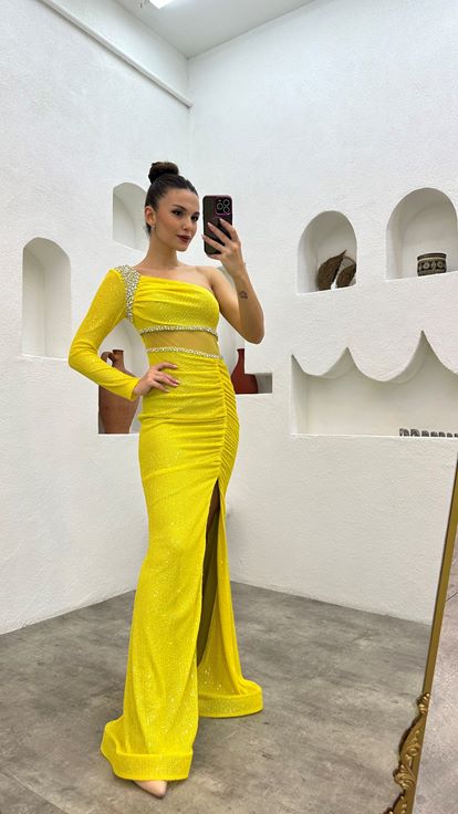 Yellow Embroidered Transparent Detail Sequined Evening Dress