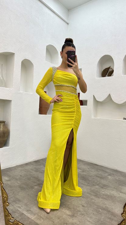 Yellow Embroidered Transparent Detail Sequined Evening Dress