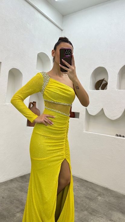Yellow Embroidered Transparent Detail Sequined Evening Dress