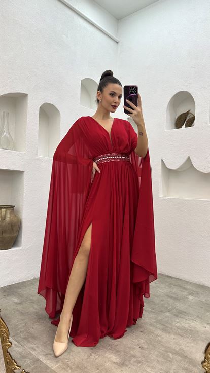 Plum Waist Motif Embroidered Detail Chiffon Evening Dress