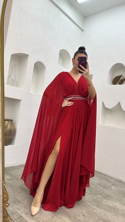 Plum Waist Motif Embroidered Detail Chiffon Evening Dress