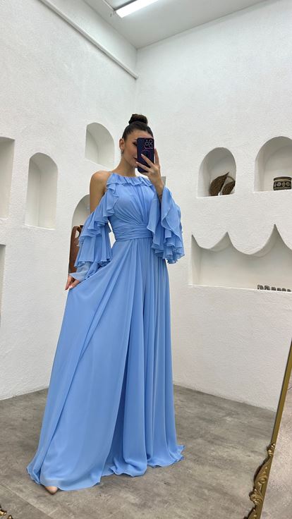 Bebe Blue Ruffle Drape Detail Chiffon Evening Dress