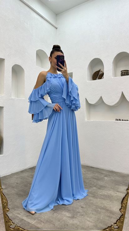 Bebe Blue Ruffle Drape Detail Chiffon Evening Dress