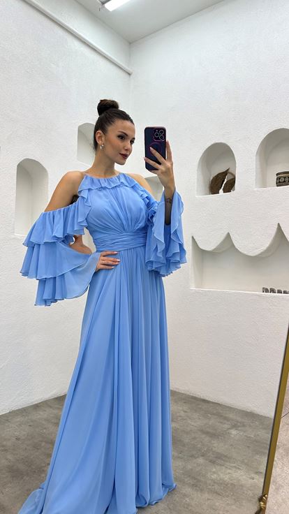 Bebe Blue Ruffle Drape Detail Chiffon Evening Dress