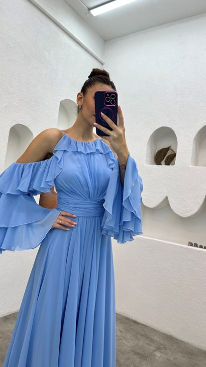 Bebe Blue Ruffle Drape Detail Chiffon Evening Dress