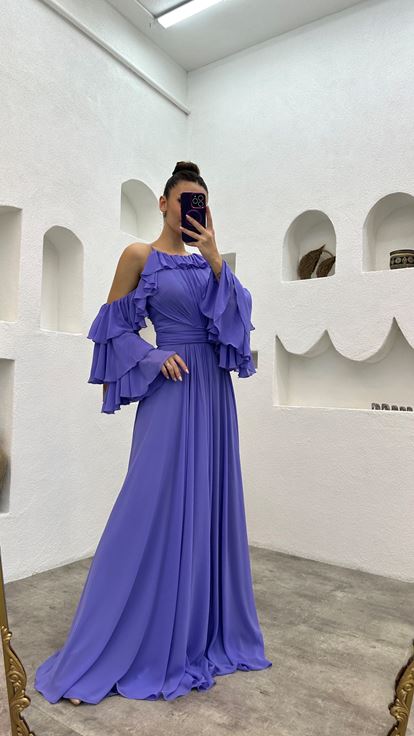 Lilac Volaned Drape Detail Chiffon Evening Dress