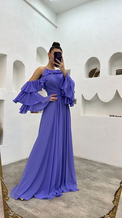 Lilac Volaned Drape Detail Chiffon Evening Dress