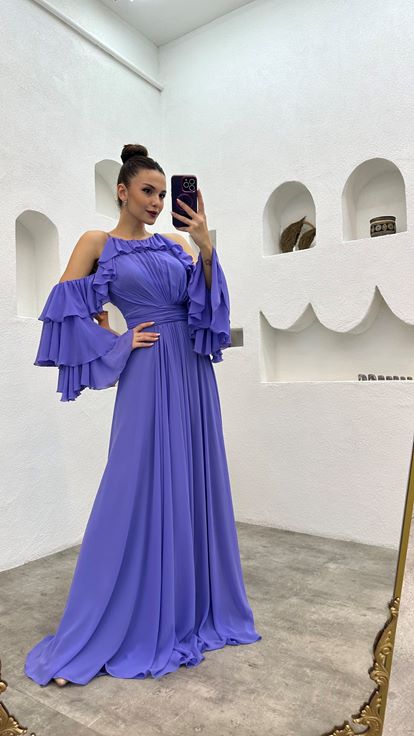 Lilac Volaned Drape Detail Chiffon Evening Dress