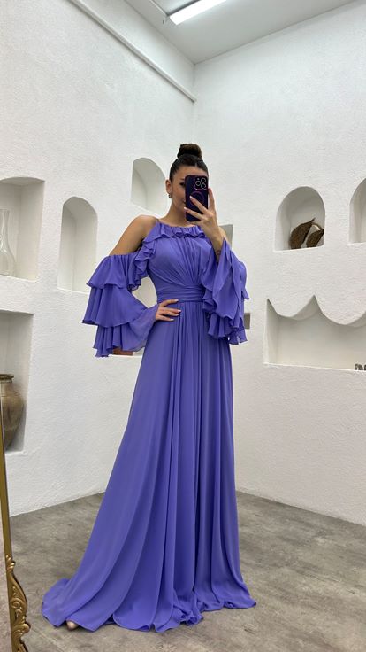 Lilac Volaned Drape Detail Chiffon Evening Dress