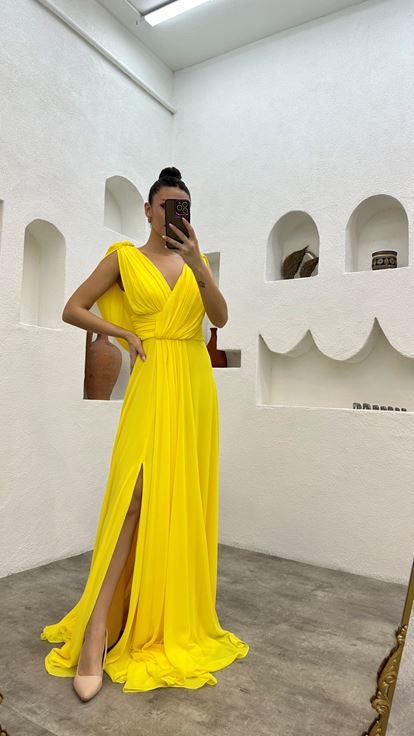 Yellow Drape Detail Chiffon Evening Dress